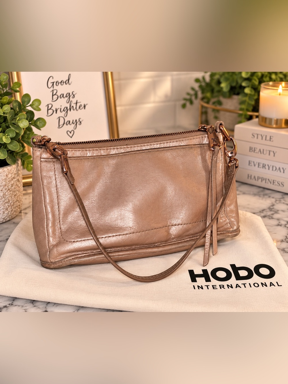 HOBO International Rose Gold Leather Crossbody | Convertible Wristlet Clutch